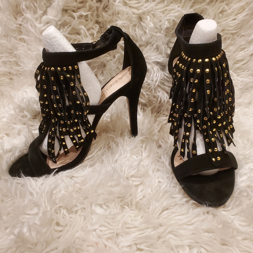 ALDO| NEW Womens black fringe high heels NEVER WORN|Size 7